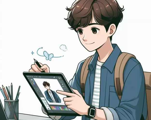 student creating digital art on a tablet
