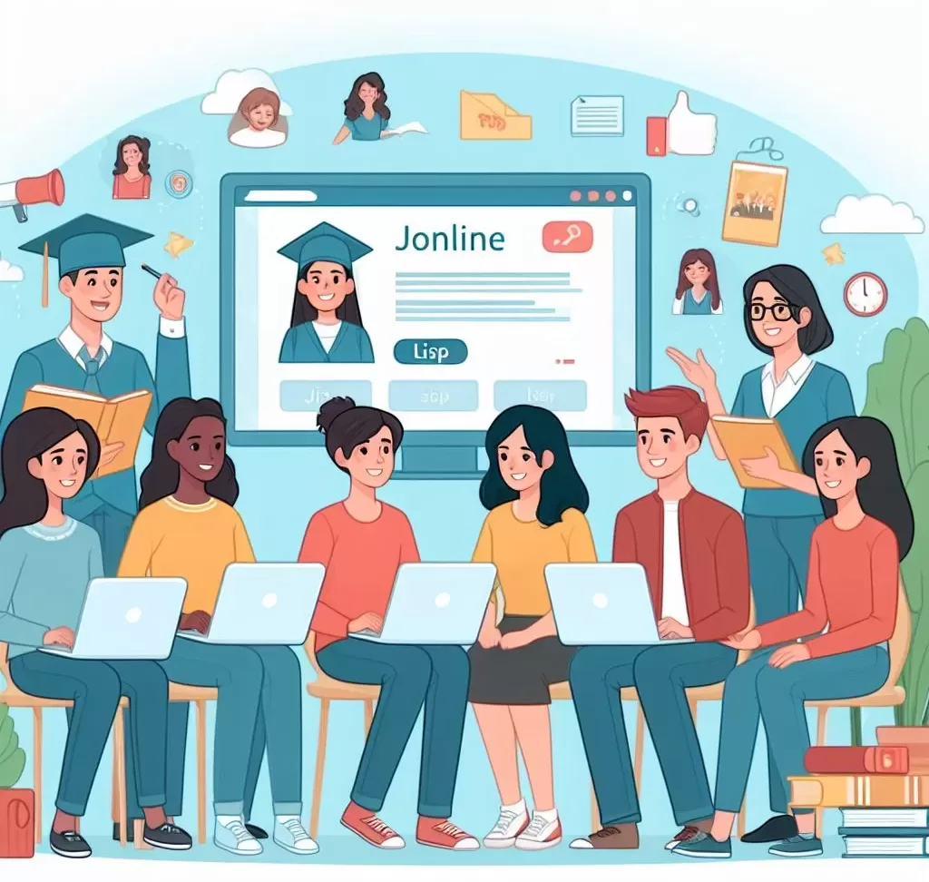 Cartoon-style illustration of a diverse group of students discussing online job opportunities