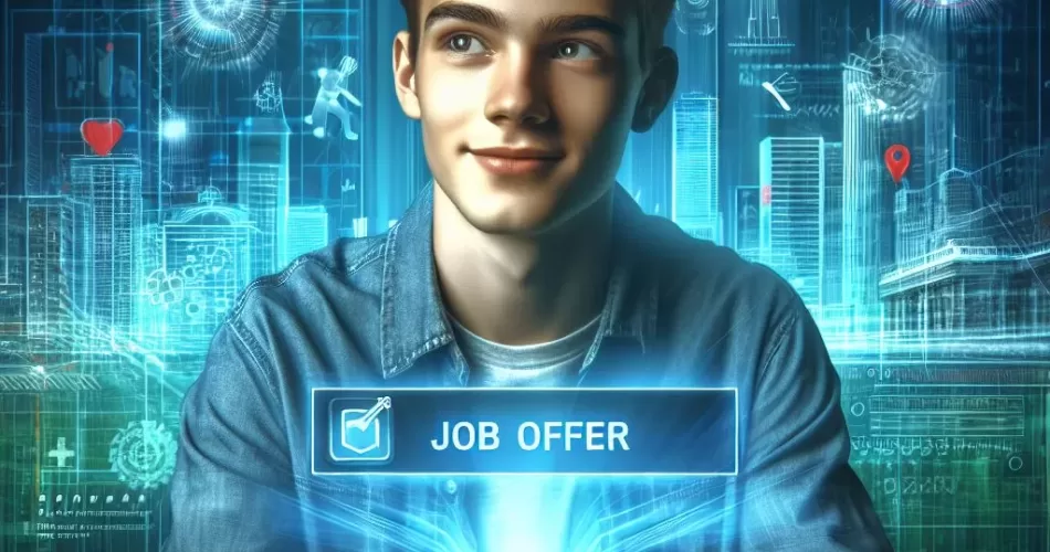 Illustration of an enthusiastic teenager with a job offer on their phone, set against a dynamic cityscape infused with tech motifs like circuits and skyscrapers, embodying the journey towards a thriving career in technology.