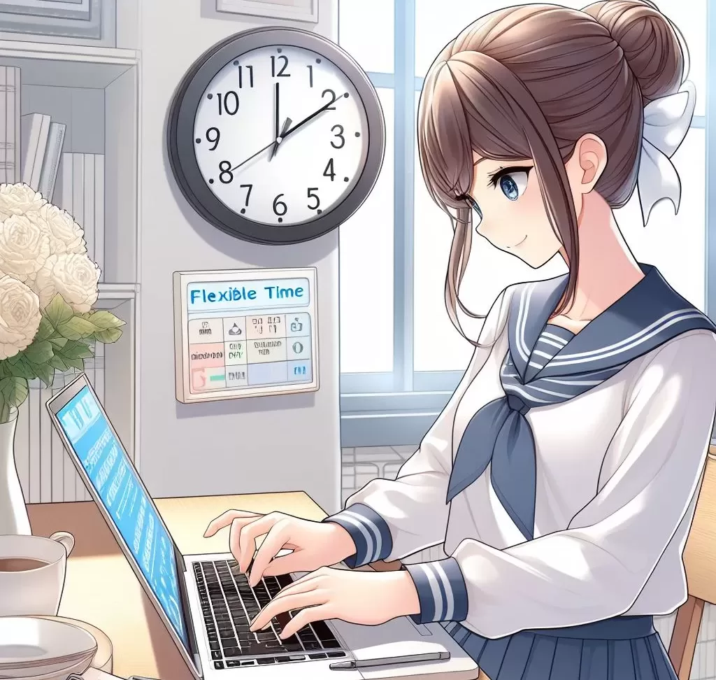 Anime-style image of a student working on a laptop at home, with a clock showing flexible tim