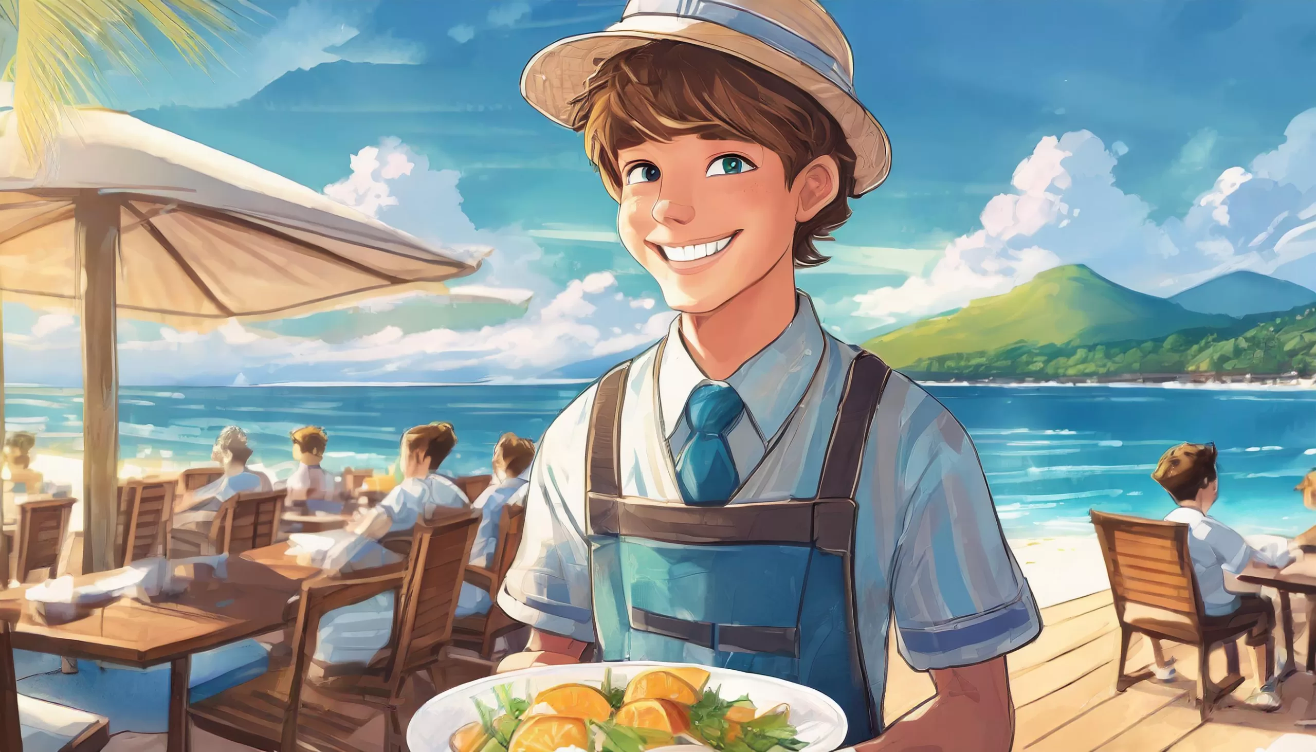  teen working at a beach resort, serving guests with a picturesque beach in the background