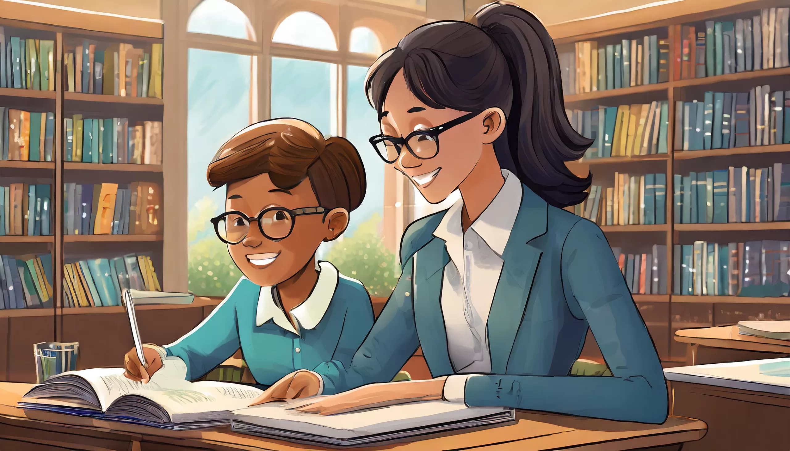 Firefly Cartoon style depiction of a teen tutoring a younger student in a library setting illustrat scaled