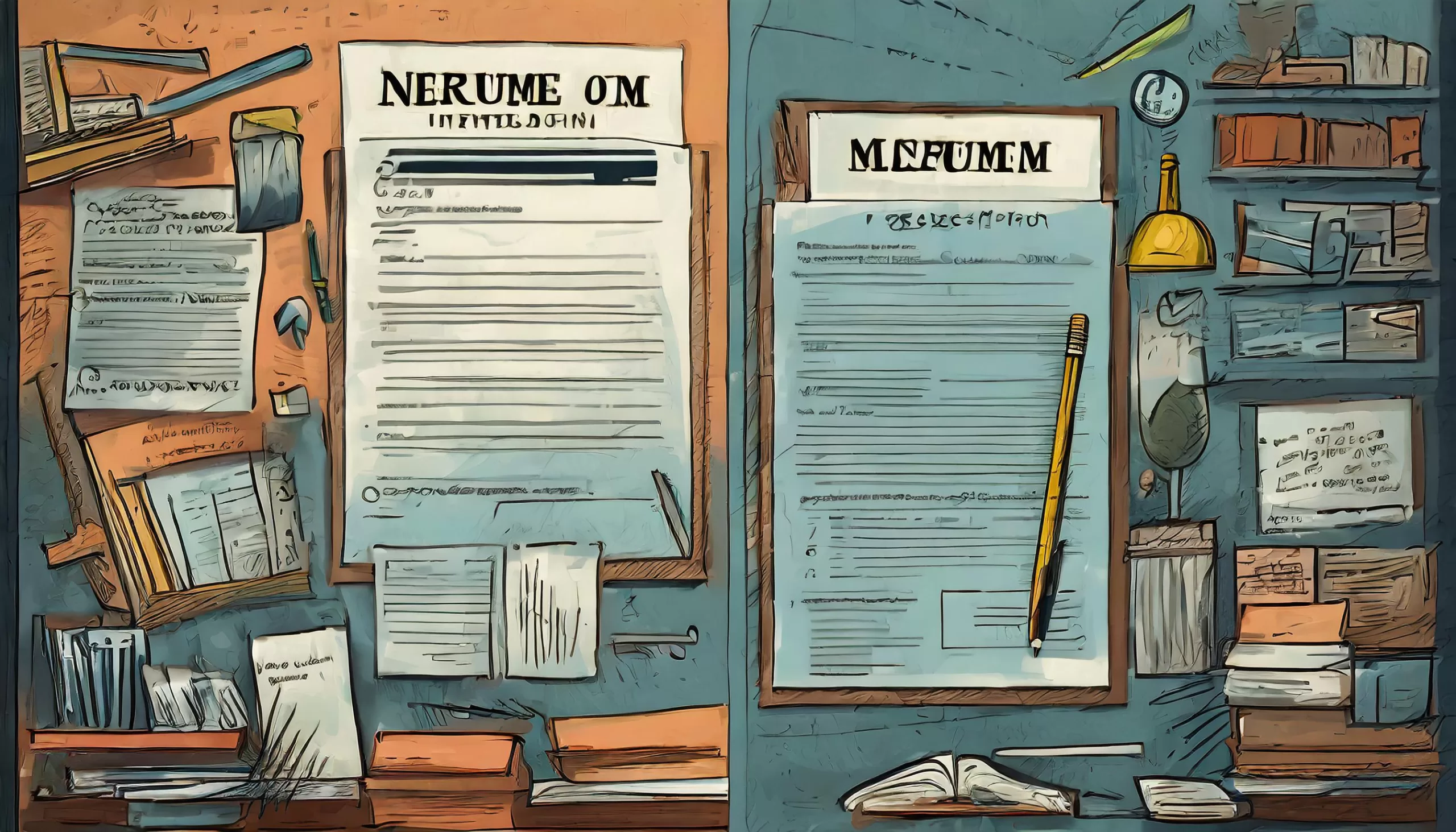 Firefly Illustration of two resume layouts side by side one cluttered and hard to read and the oth scaled